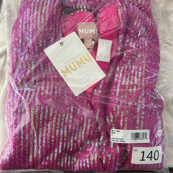 Show Me Your Mumu Party Hop Dress Mini V-Neck Sequins Barbie Hot Pink NWT Size S - Picture 4 of 5